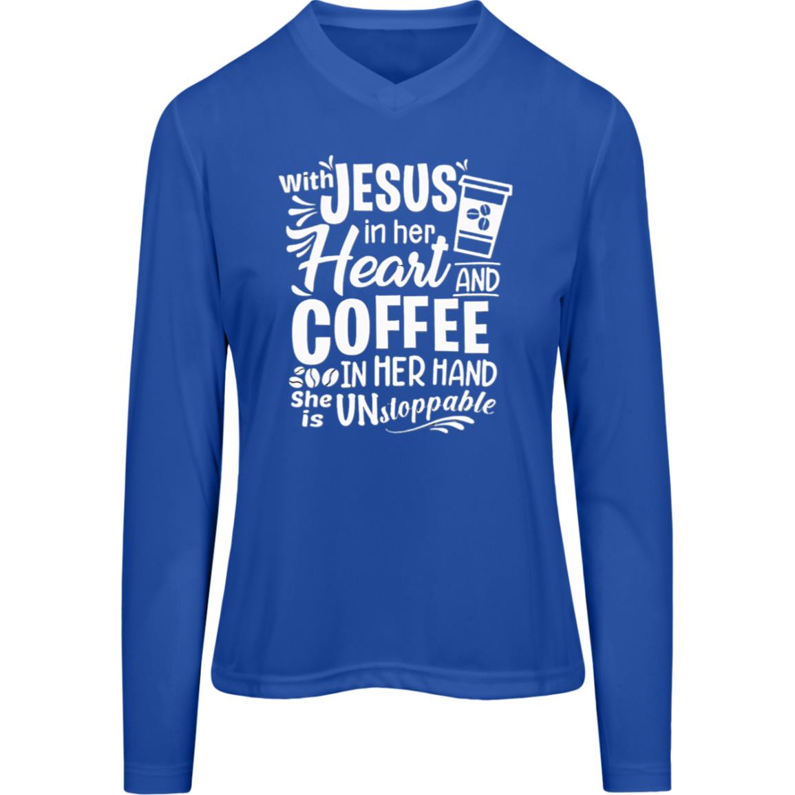 007 WITH jESUS IN HER HEART TT11WL Team 365 Womens Zone Long Sleeve Tee