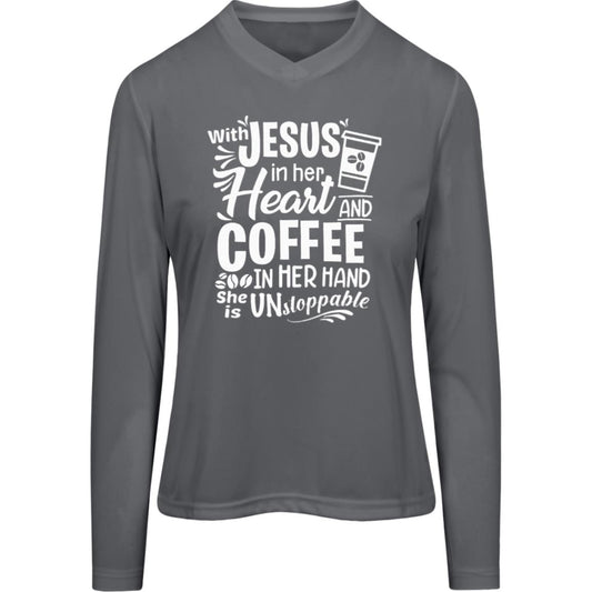 007 WITH jESUS IN HER HEART TT11WL Team 365 Womens Zone Long Sleeve Tee